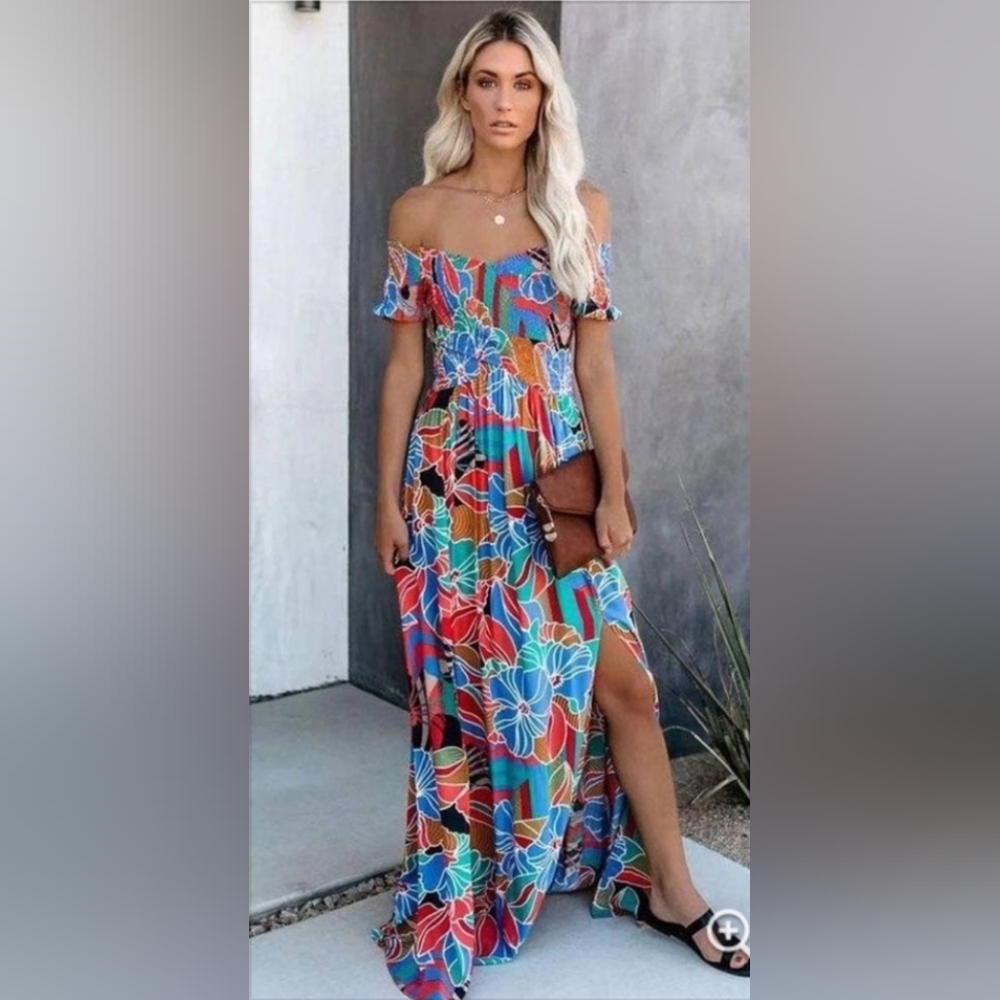 Vici Off-Shoulder Floral Maxi Dress in Blue, Red, Orange